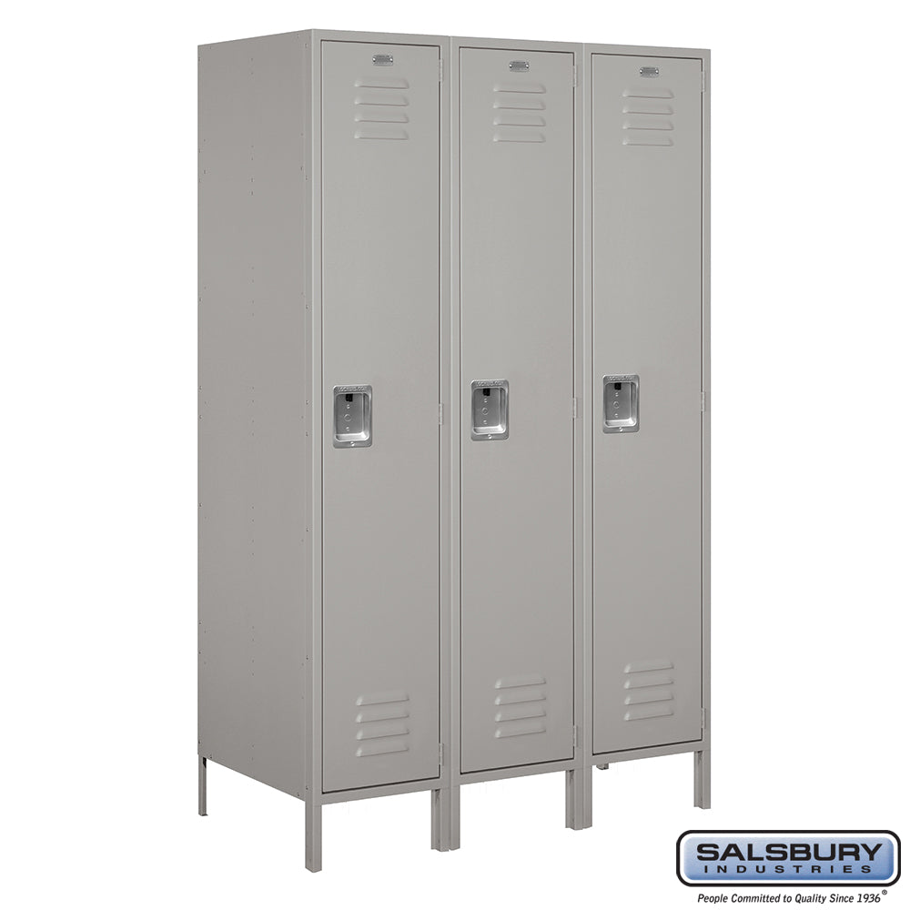 18" Wide Single Tier Standard Metal Locker - 3 Wide - 6 Feet High - 21 Inches Deep - Gray - Unassembled