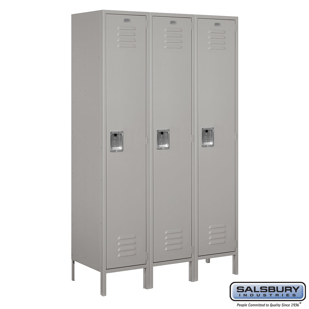 18" Wide Single Tier Standard Metal Locker - 3 Wide - 6 Feet High - 18 Inches Deep - Gray - Assembled