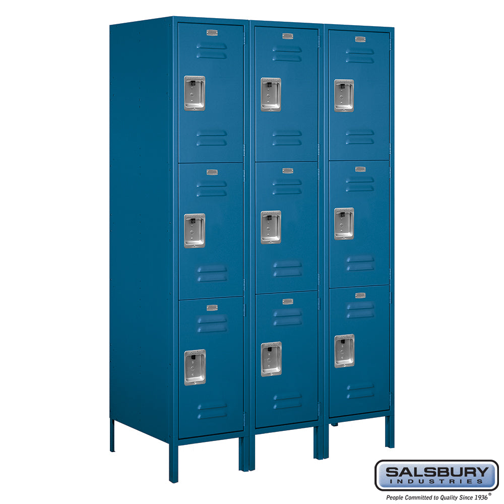 18" Wide Triple Tier Standard Metal Locker - 3 Wide - 6 Feet High - 21 Inches Deep - Blue - Assembled