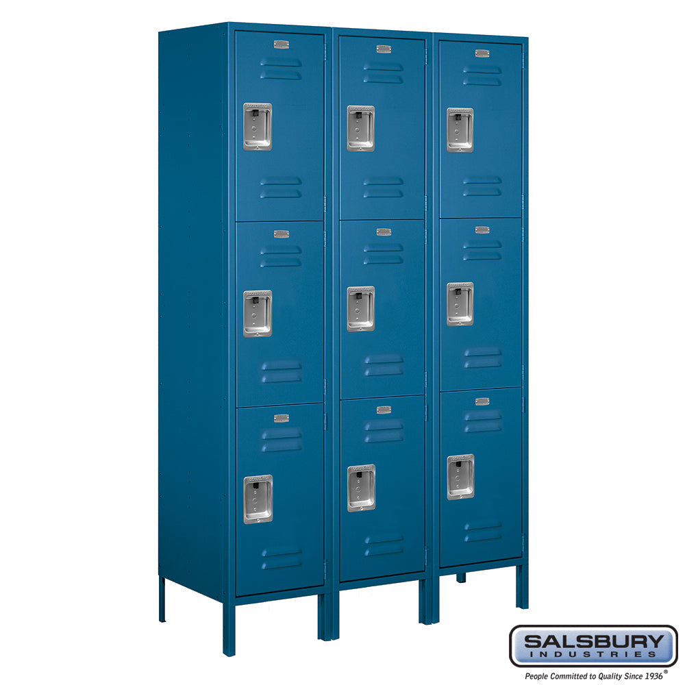 18" Wide Triple Tier Standard Metal Locker - 3 Wide - 6 Feet High - 18 Inches Deep - Blue - Assembled