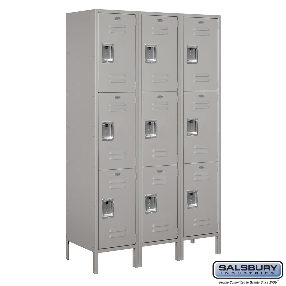 18" Wide Triple Tier Standard Metal Locker - 3 Wide - 6 Feet High - 18 Inches Deep - Gray - Assembled