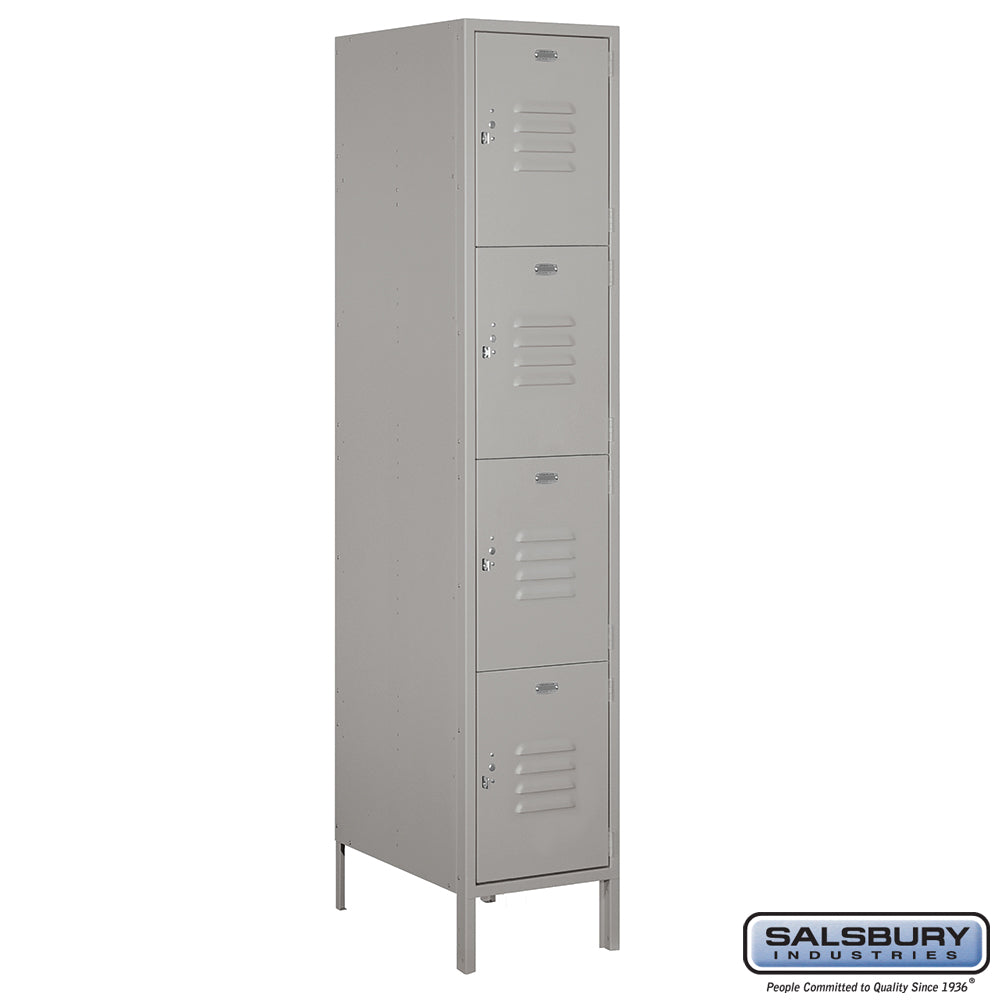 18" Wide Four Tier Standard Metal Locker - 1 Wide - 6 Feet High - 21 Inches Deep - Gray - Assembled