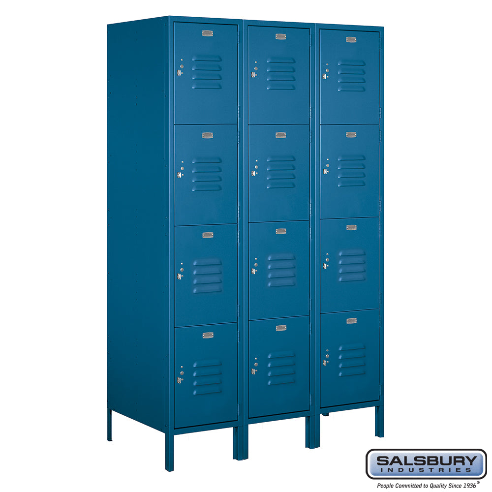 18" Wide Four Tier Standard Metal Locker - 3 Wide - 6 Feet High - 21 Inches Deep - Blue - Assembled