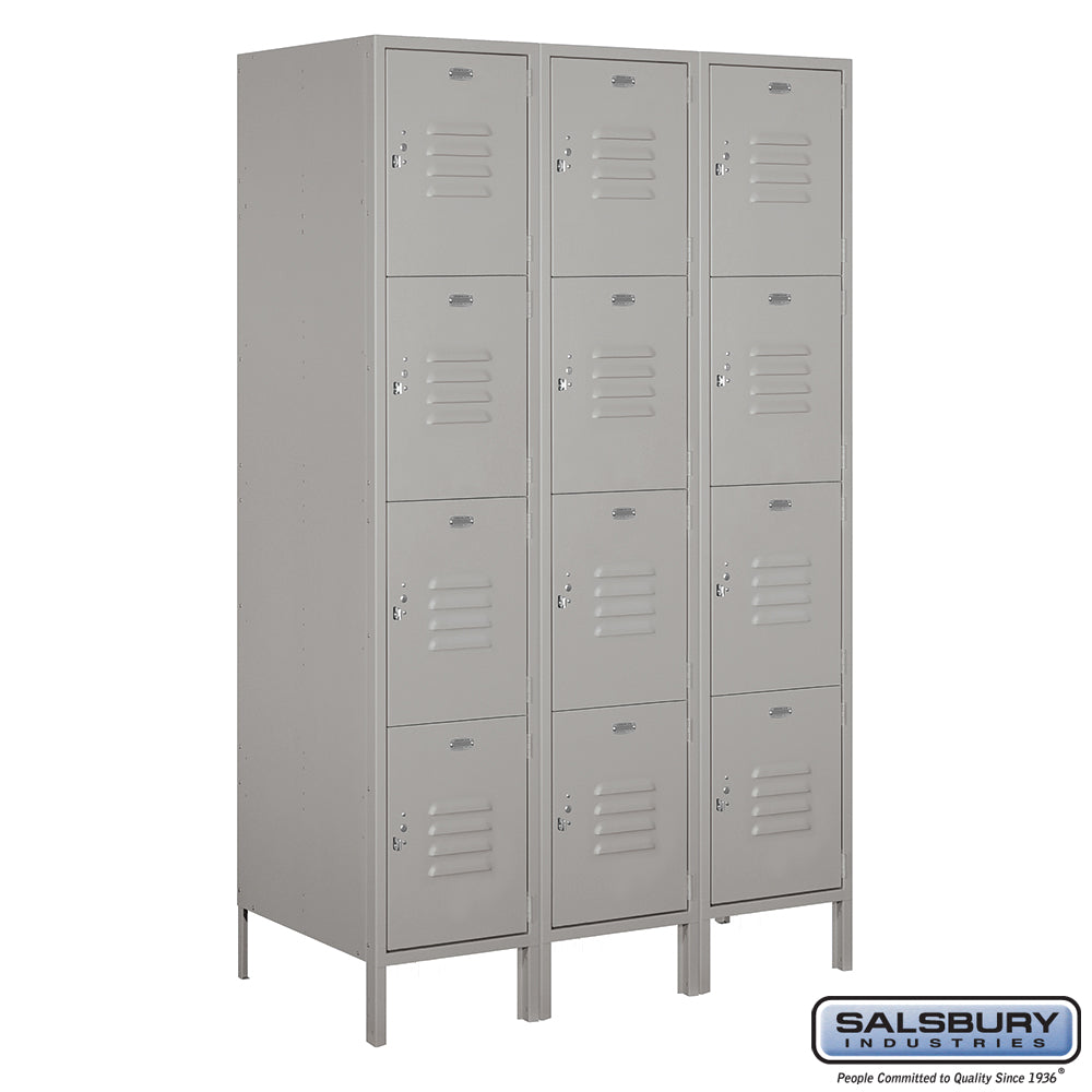 18" Wide Four Tier Standard Metal Locker - 3 Wide - 6 Feet High - 21 Inches Deep - Gray - Assembled