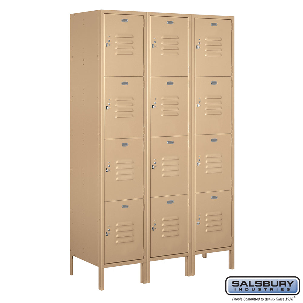 18" Wide Four Tier Standard Metal Locker - 3 Wide - 6 Feet High - 18 Inches Deep - Tan - Assembled