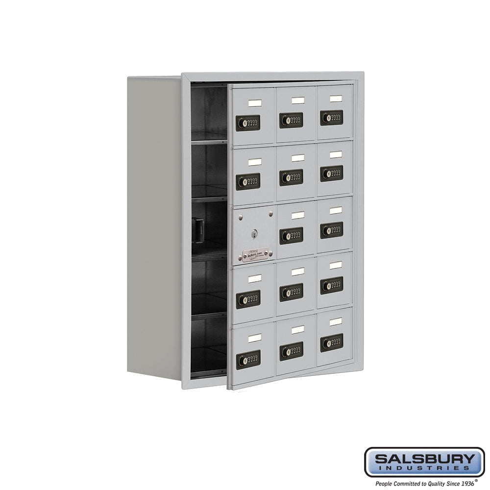 Recessed Mounted Cell Phone Locker with 15 A Doors (14 usable) in Aluminum - Resettable Combination Locks