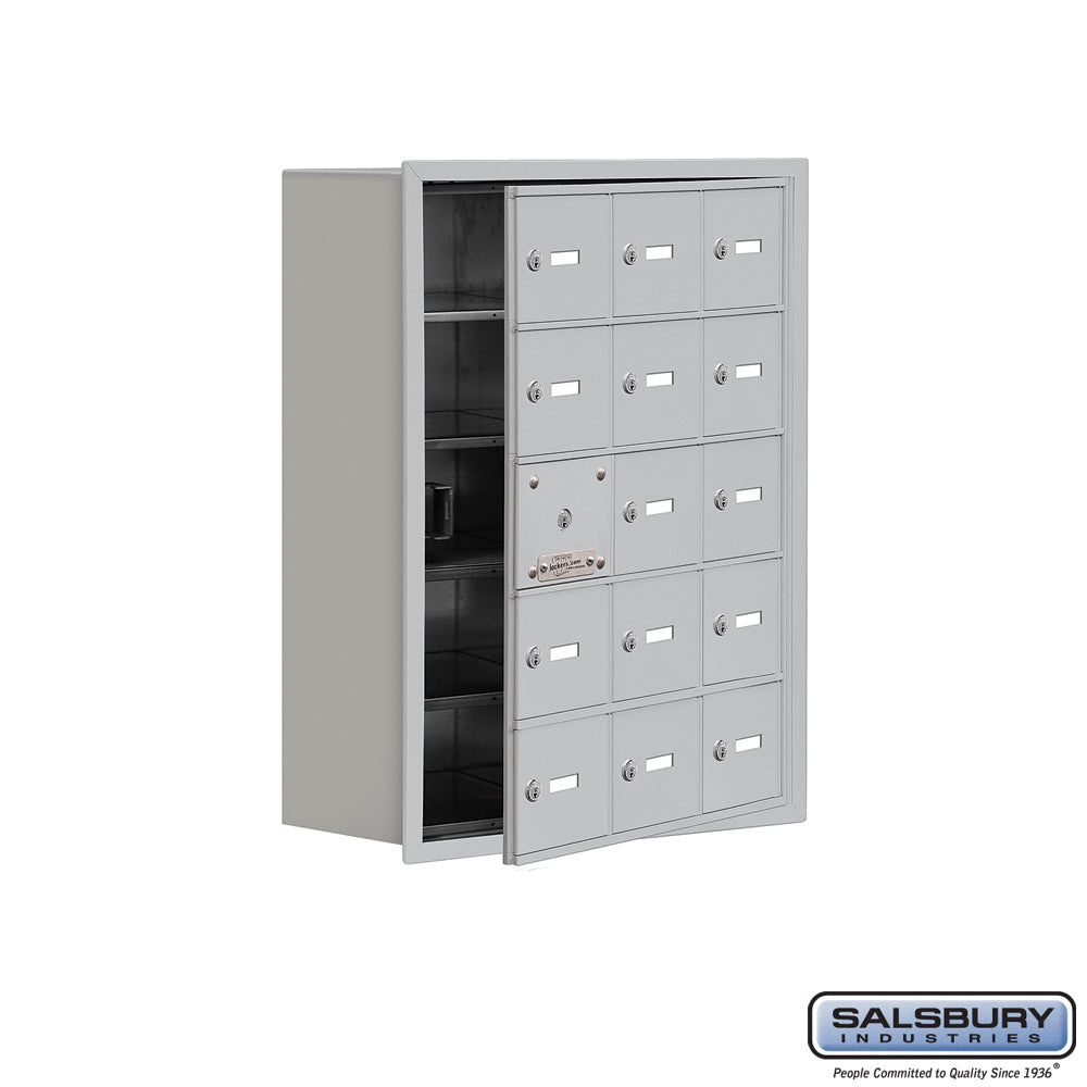 Recessed Mounted Cell Phone Locker with 15 A Doors (14 usable) in Aluminum - Keyed Locks