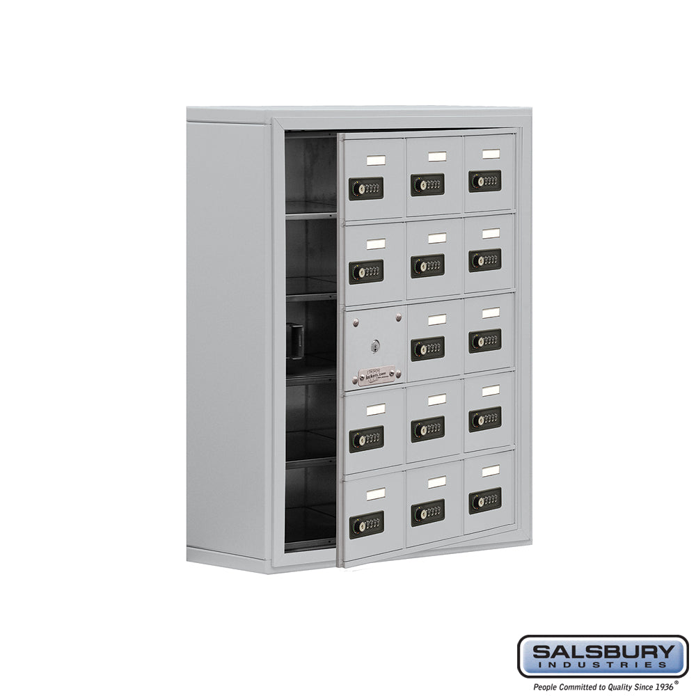 Surface Mounted Cell Phone Locker with 15 A Doors (14 usable) in Aluminum - Resettable Combination Locks