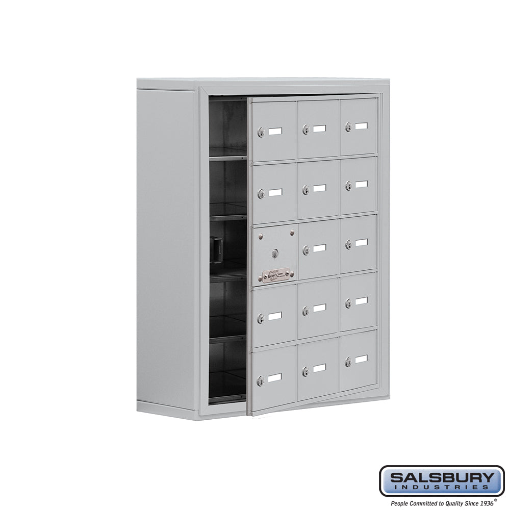 Surface Mounted Cell Phone Locker with 15 A Doors (14 usable) in Aluminum - Keyed Locks