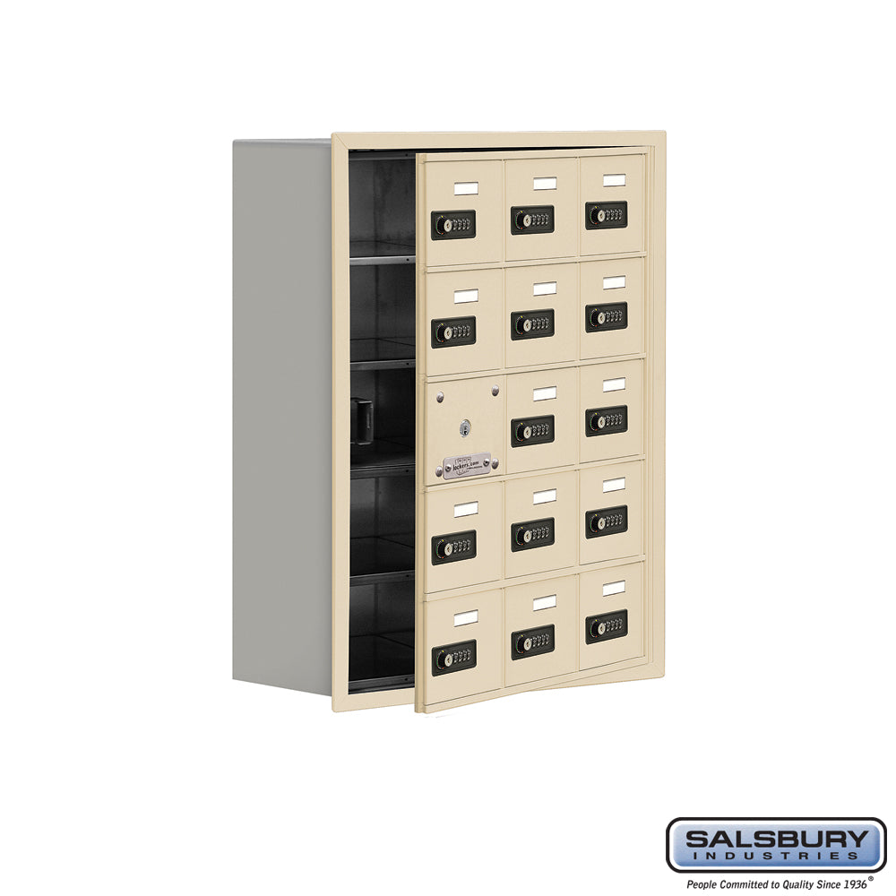 Recessed Mounted Cell Phone Locker with 15 A Doors (14 usable) in Sandstone - Resettable Combination Locks