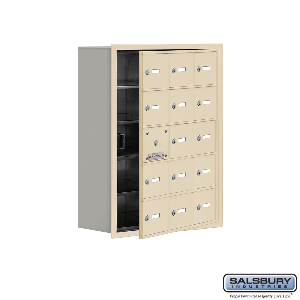 Recessed Mounted Cell Phone Locker with 15 A Doors (14 usable) in Sandstone - Keyed Locks