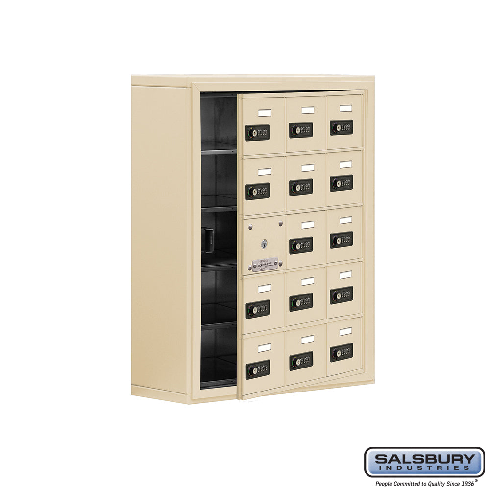 Surface Mounted Cell Phone Locker with 15 A Doors (14 usable) in Sandstone - Resettable Combination Locks