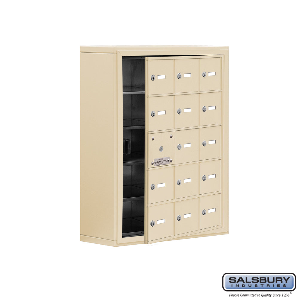 Surface Mounted Cell Phone Locker with 15 A Doors (14 usable) in Sandstone - Keyed Locks