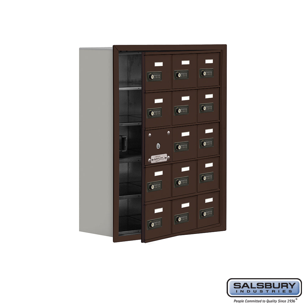 Recessed Mounted Cell Phone Locker with 15 A Doors (14 usable) in Bronze - Resettable Combination Locks