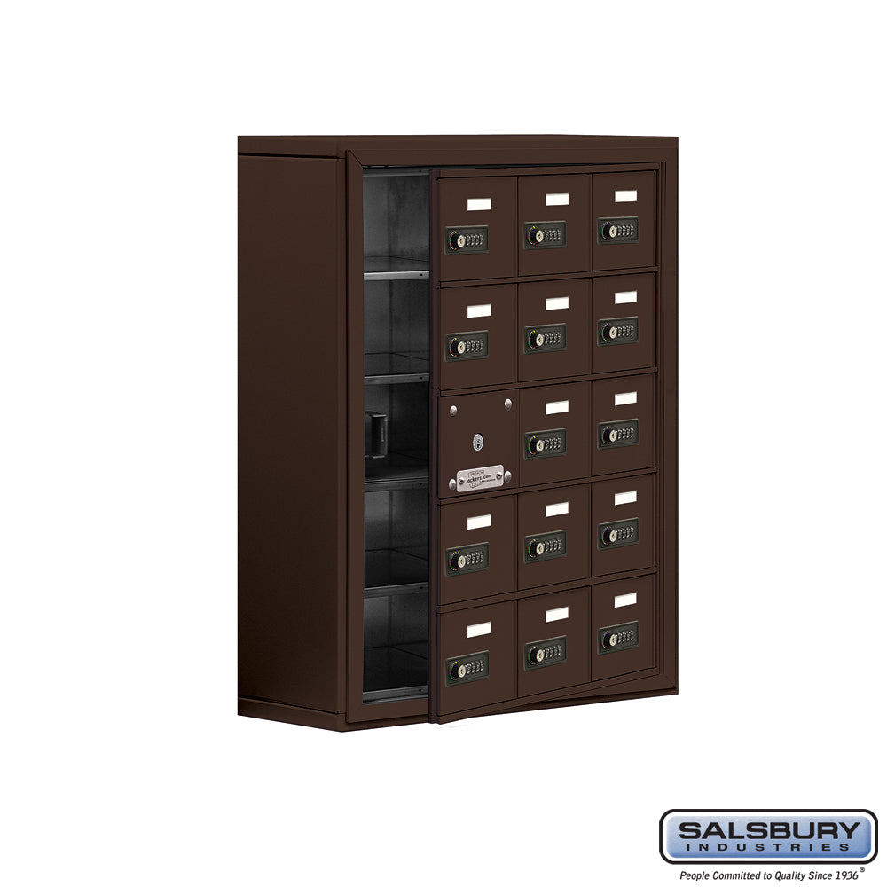 Surface Mounted Cell Phone Locker with 15 A Doors (14 usable) in Bronze - Resettable Combination Locks