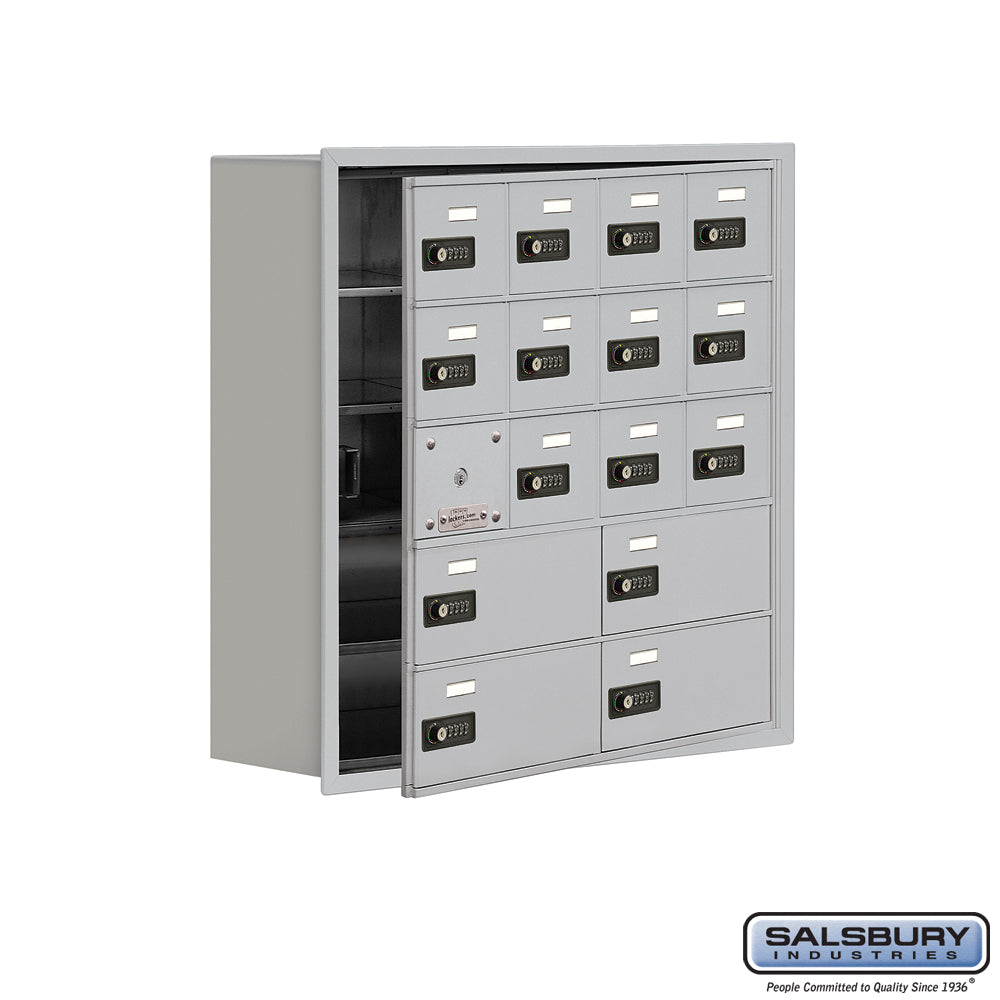 Recessed Mounted Cell Phone Locker with 12 A Doors (11 usable) 4 B Doors in Aluminum - Resettable Combination Locks