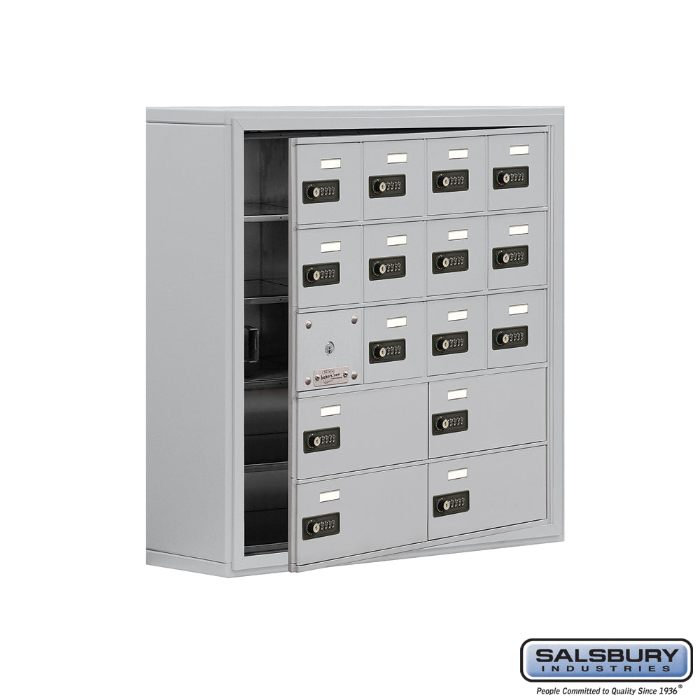 Surface Mounted Cell Phone Locker with 12 A Doors (11 usable) 4 B Doors in Aluminum - Resettable Combination Locks