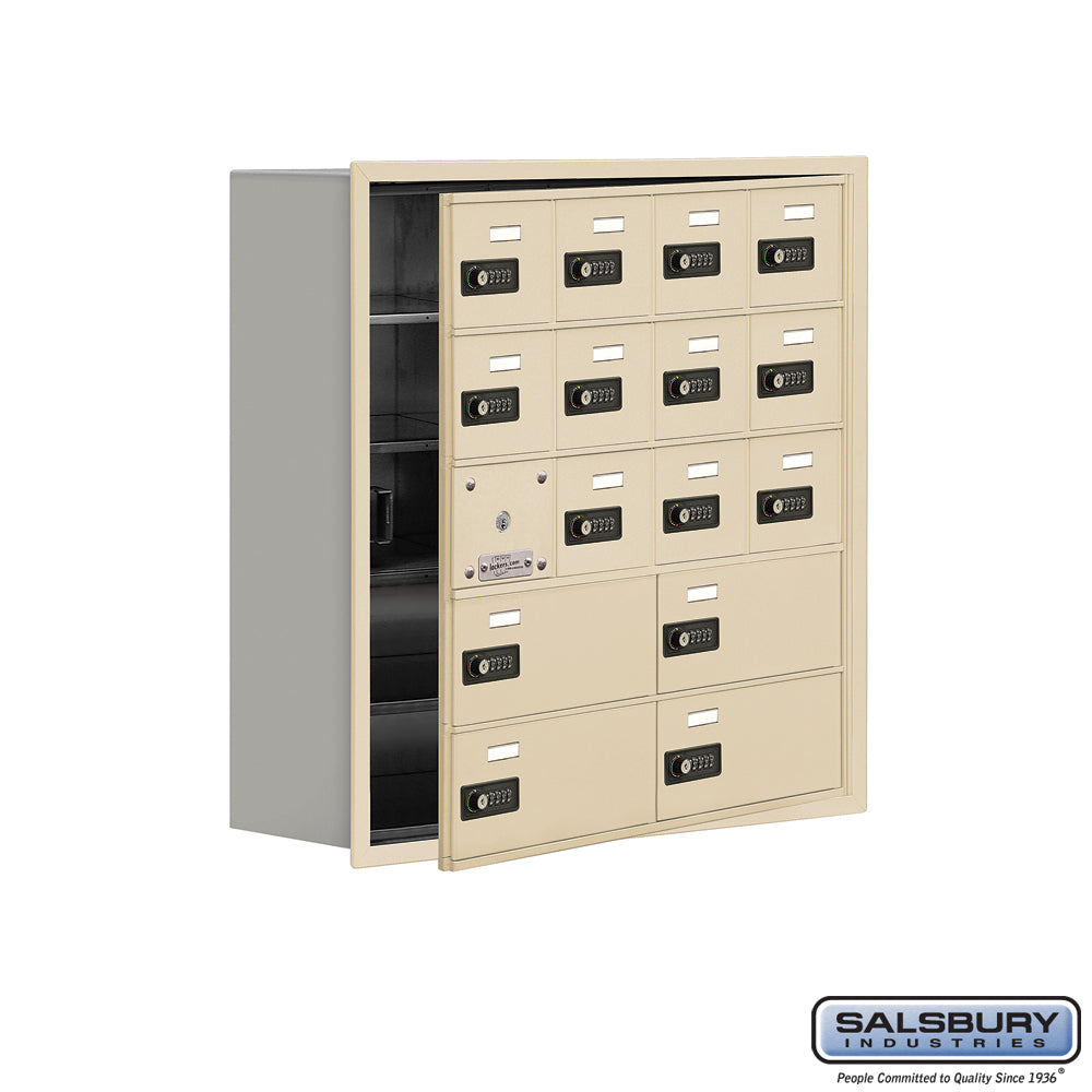 Recessed Mounted Cell Phone Locker with 12 A Doors (11 usable) 4 B Doors in Sandstone - Resettable Combination Locks