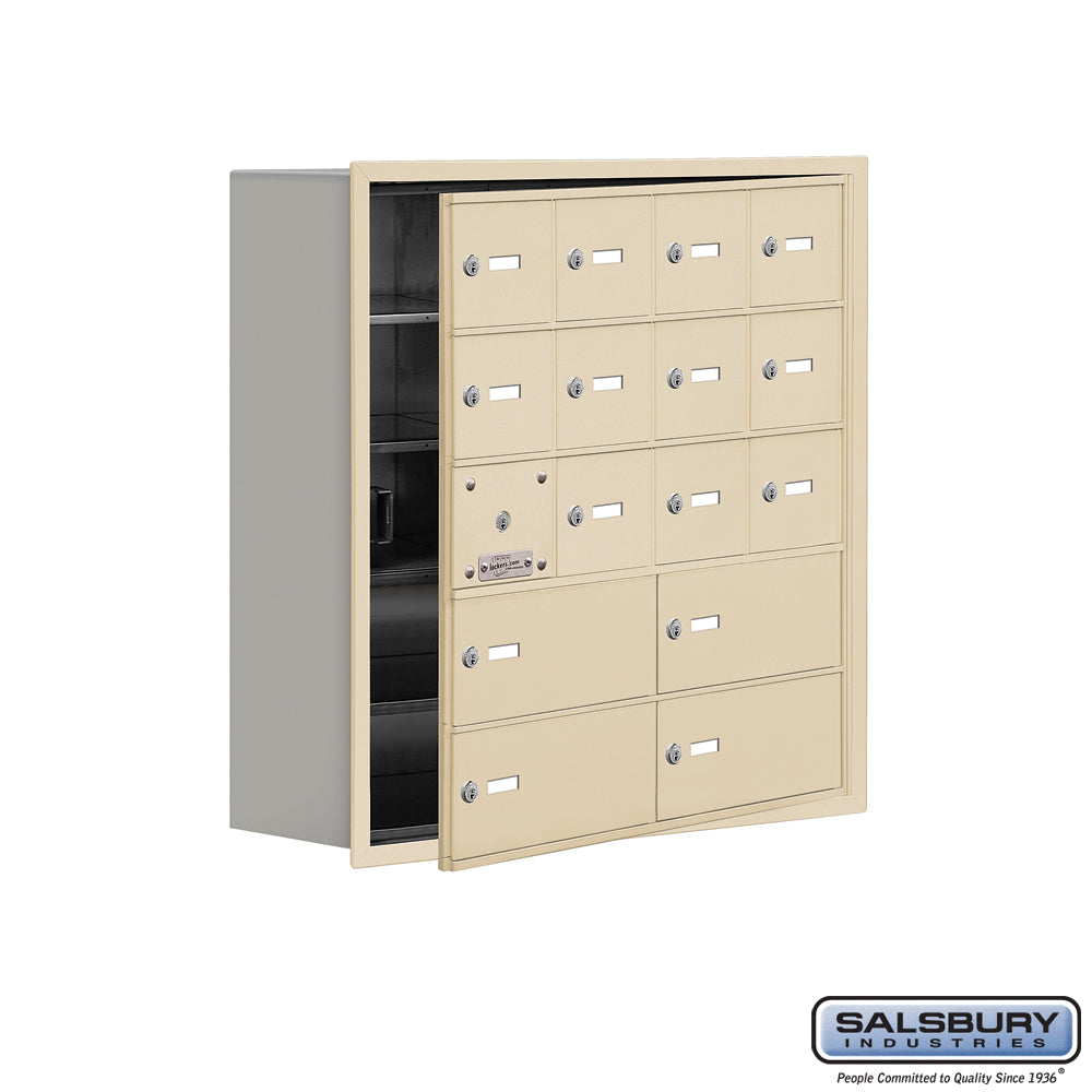 Recessed Mounted Cell Phone Locker with 12 A Doors (11 usable) 4 B Doors in Sandstone - Keyed Locks