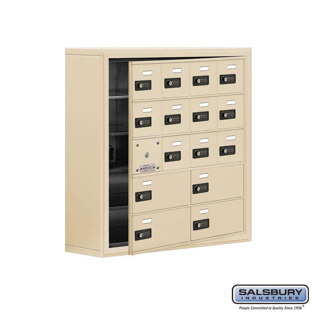 Surface Mounted Cell Phone Locker with 12 A Doors (11 usable)  4 B Doors in Sandstone - Resettable Combination Locks