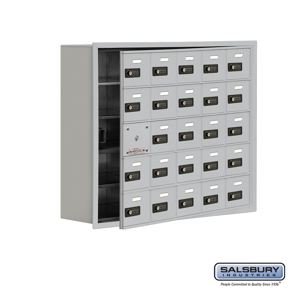 Recessed Mounted Cell Phone Locker with 25 A Doors (24 usable) in Aluminum - Resettable Combination Locks