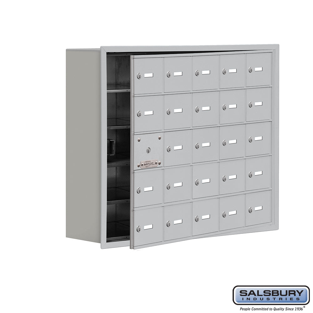 Recessed Mounted Cell Phone Locker with 25 A Doors (24 usable) in Aluminum - Keyed Locks