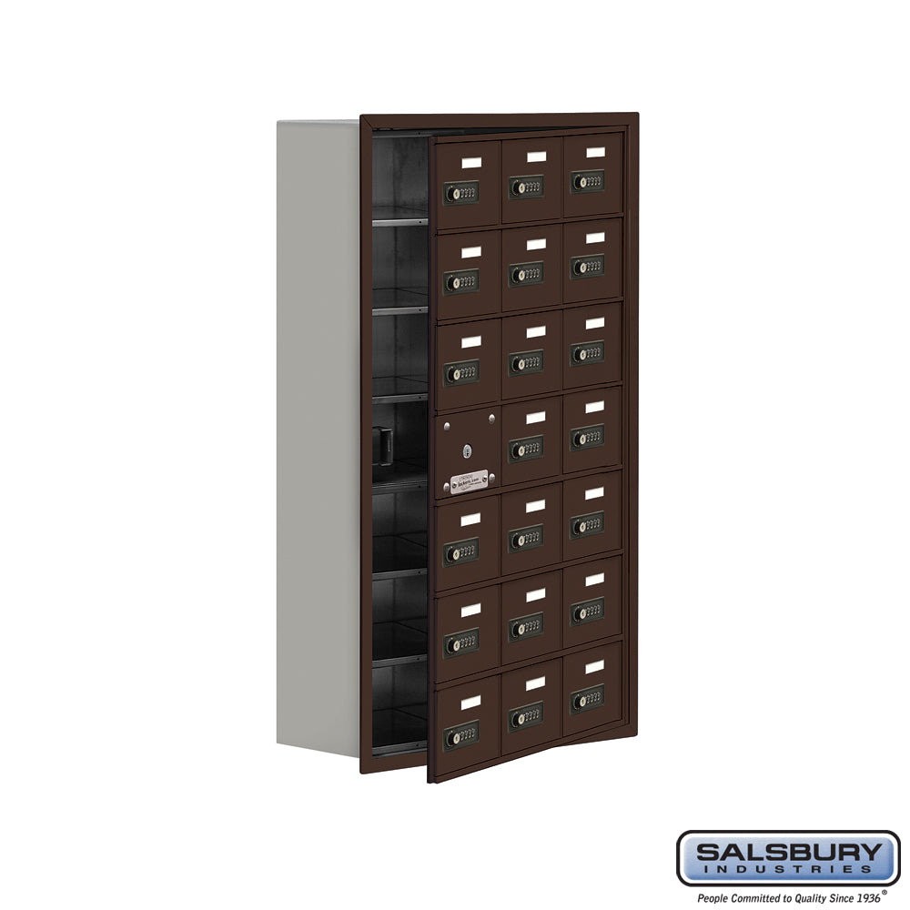 Recessed Mounted Cell Phone Locker with 21 A Doors (20 usable) in Bronze - Resettable Combination Locks