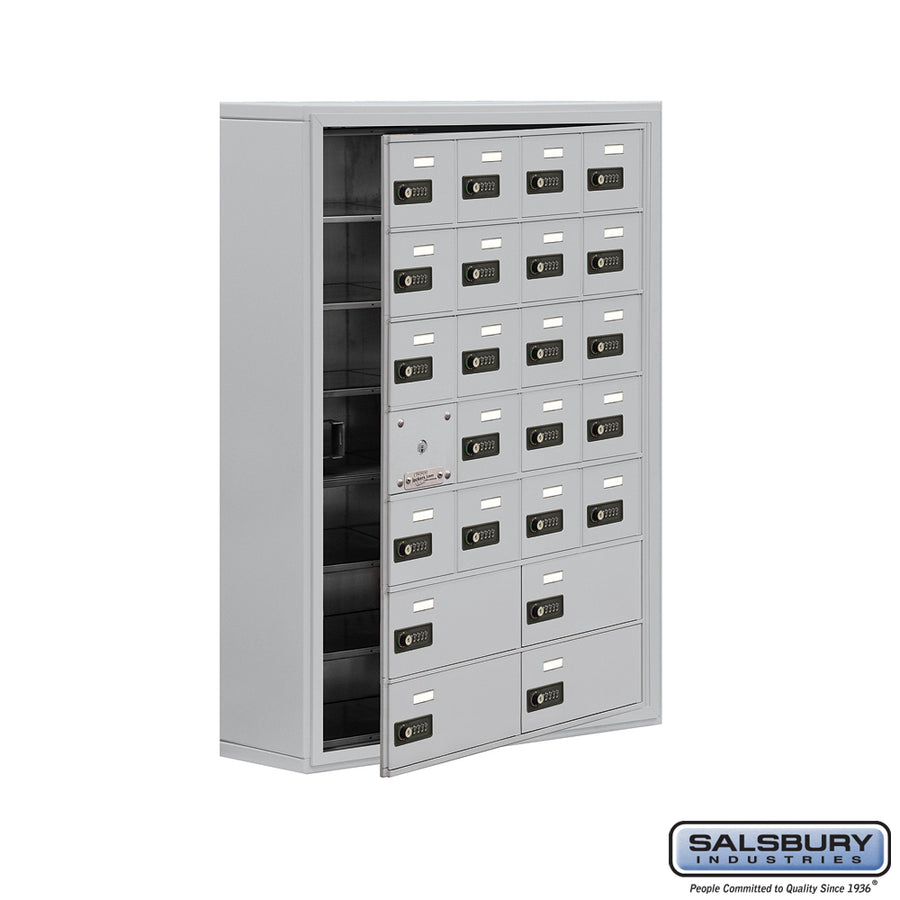 Surface Mounted Cell Phone Locker with 20 A Doors (19 usable) 4 B Doors in Aluminum - Resettable Combination Locks