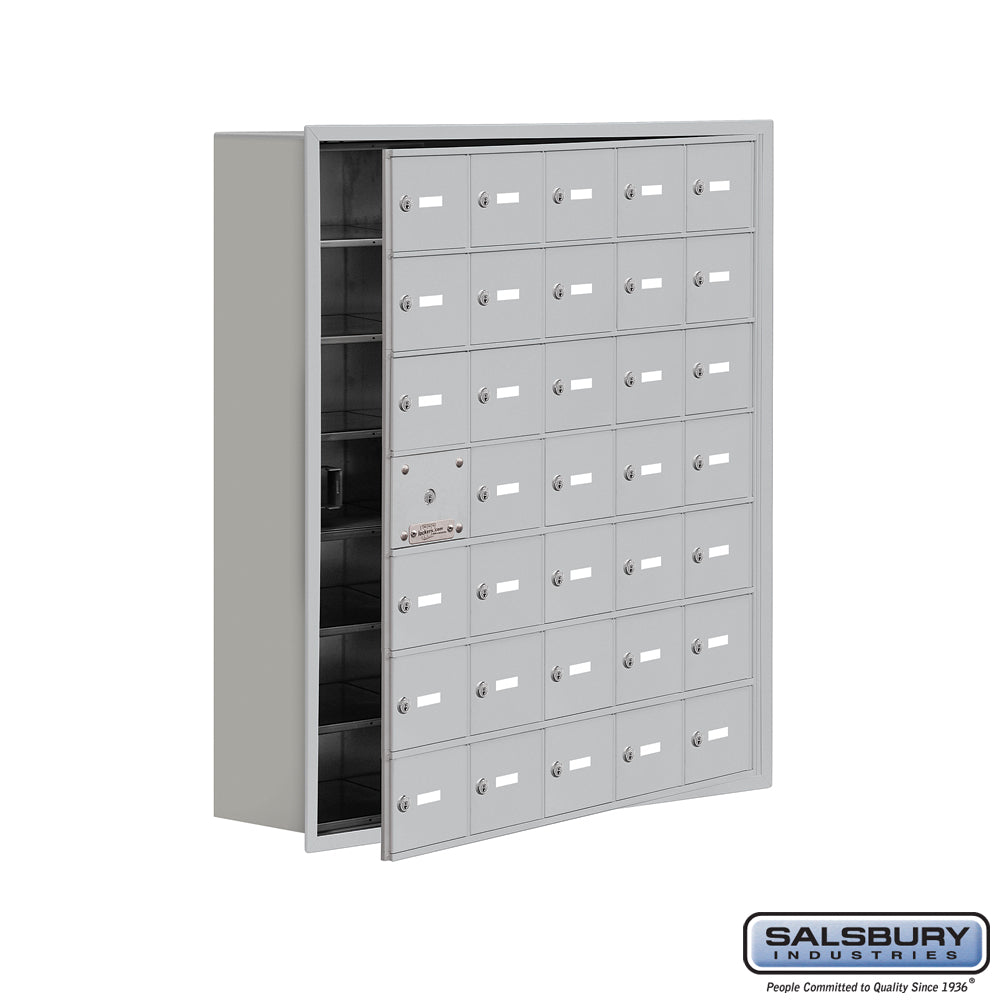 Recessed Mounted Cell Phone Locker with 35 A Doors (34 usable) in Aluminum - Keyed Locks