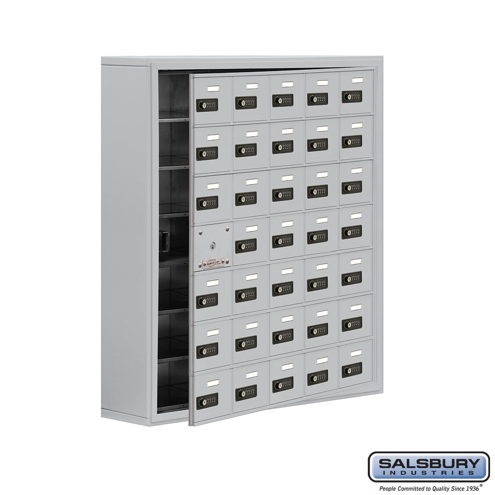 Surface Mounted Cell Phone Locker with 35 A Doors (34 usable) in Aluminum - Resettable Combination Locks