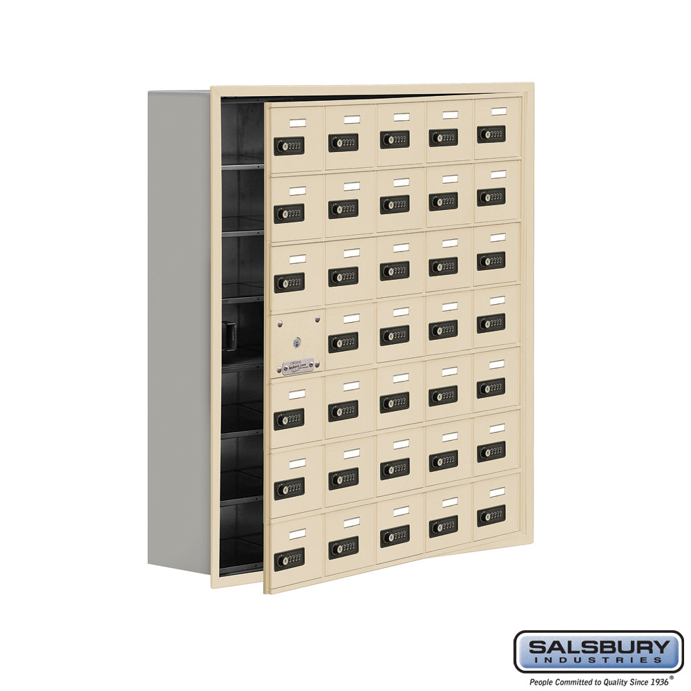 Cell Phone Storage Locker - with Front Access Panel - 7 Door High Unit (8 Inch Deep Compartments) - 35 A Doors (34 usable) - Sandstone - Recessed Mounted - Resettable Combination Locks