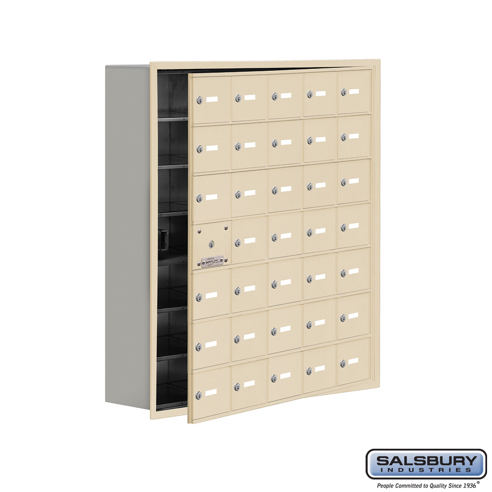 Recessed Mounted Cell Phone Locker with 35 A Doors (34 usable) in Sandstone - Keyed Locks