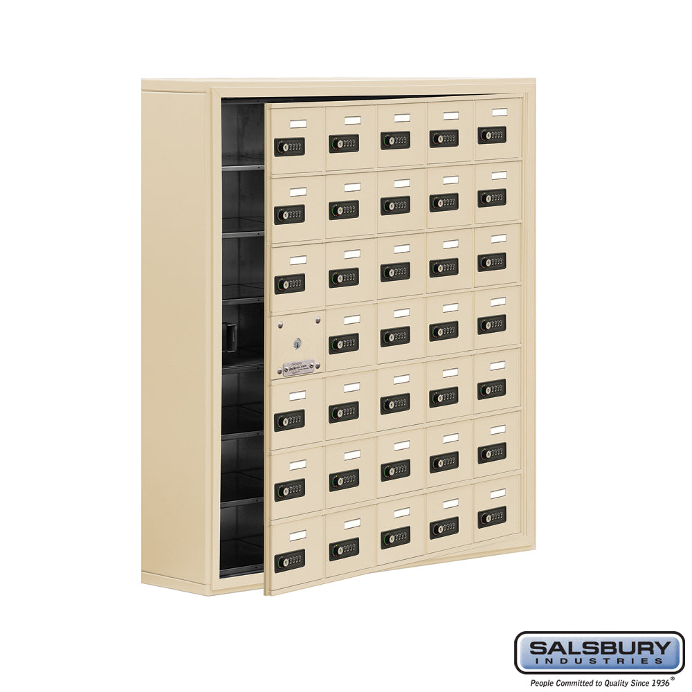 Surface Mounted Cell Phone Locker with 35 A Doors (34 usable) in Sandstone - Resettable Combination Locks