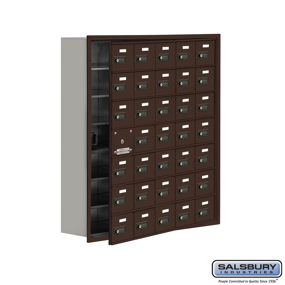 Cell Phone Storage Locker - with Front Access Panel - 7 Door High Unit (8 Inch Deep Compartments) - 35 A Doors (34 usable) - Bronze - Recessed Mounted - Resettable Combination Locks