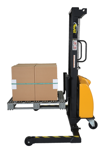 Steel Stacker with Adjustable DC Powered Winch 770 Lb. Capacity Black / Yellow