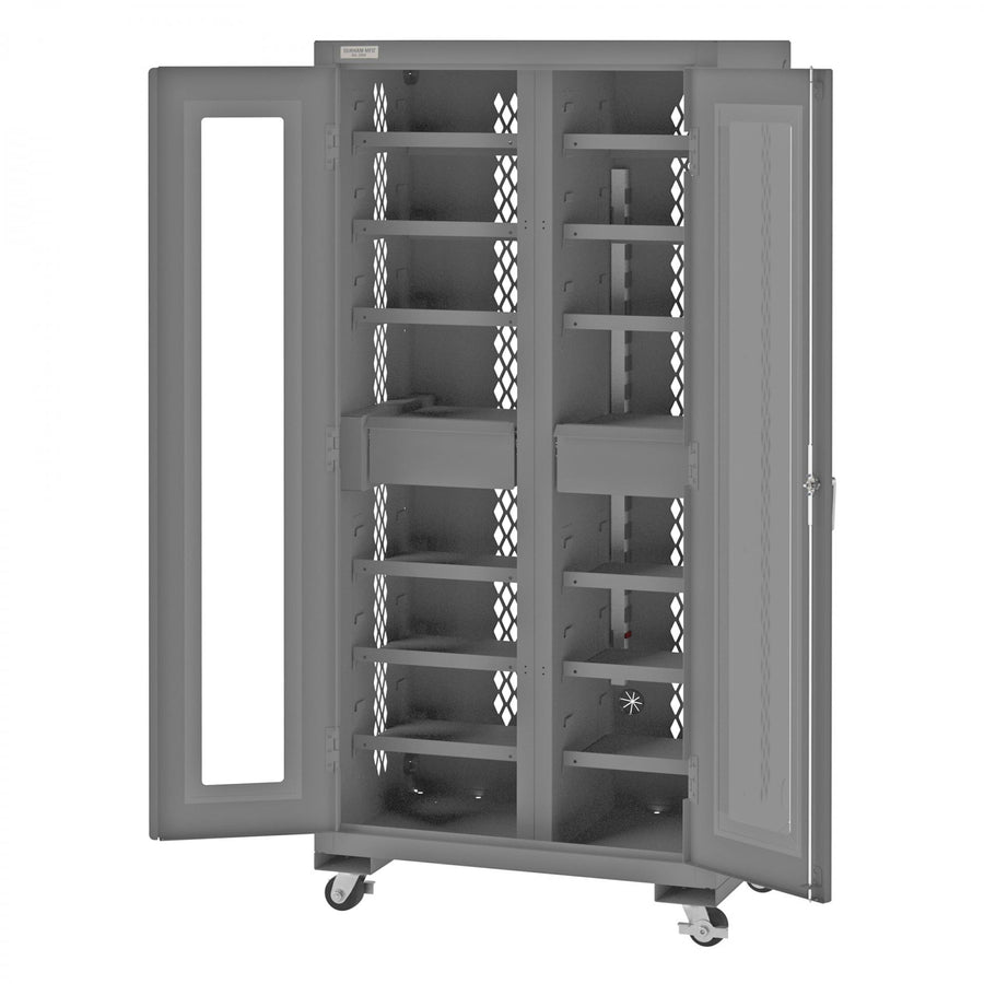 Mobile Secure Charging Cabinet, 16 Gauge, 12 Shelves, 2 Drawers, 2 Power Strips, 36 x 24 x 78
