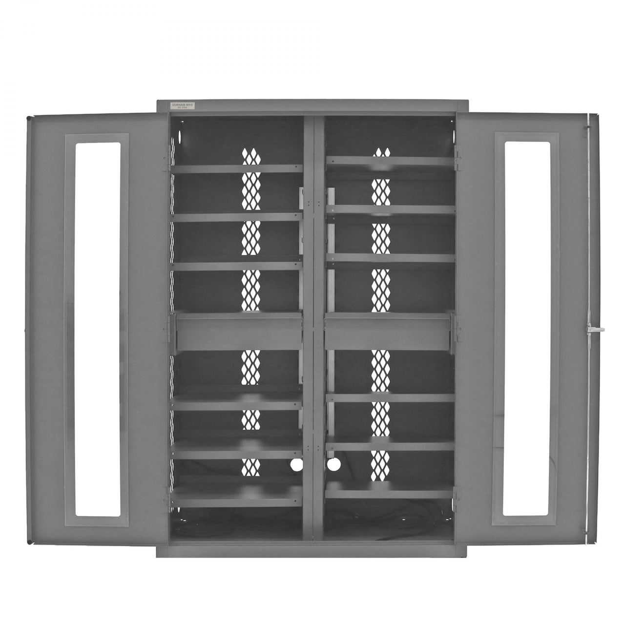 Secure Charging Cabinet, 16 Gauge, 12 Shelves, 2 Drawers, 2 Power Strips, 48 x 24 x 72