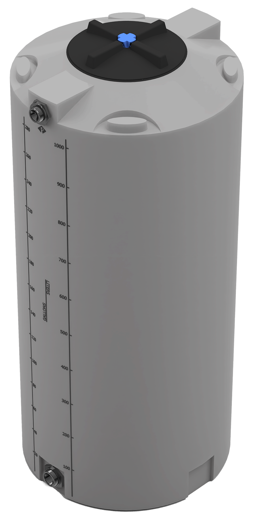 300 GAL PROCHEM® POTABLE WATER TANK W/BULKHEAD FITTINGS - LPE 1.0 FDA - DK GRAY  - DIA 35" x HGT 78" - LID 16" - BH FITTING T 1.5” / B 2” 