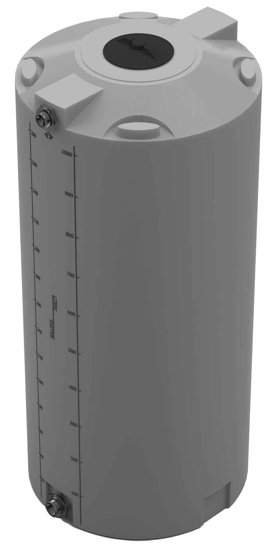 300 GAL PROCHEM® POTABLE WATER TANK W/BULKHEAD FITTINGS - LPE 1.0 FDA - DK GRAY  - DIA 35" x HGT 78" - LID 8" - BH FITTING T 1.5” / B 2” 