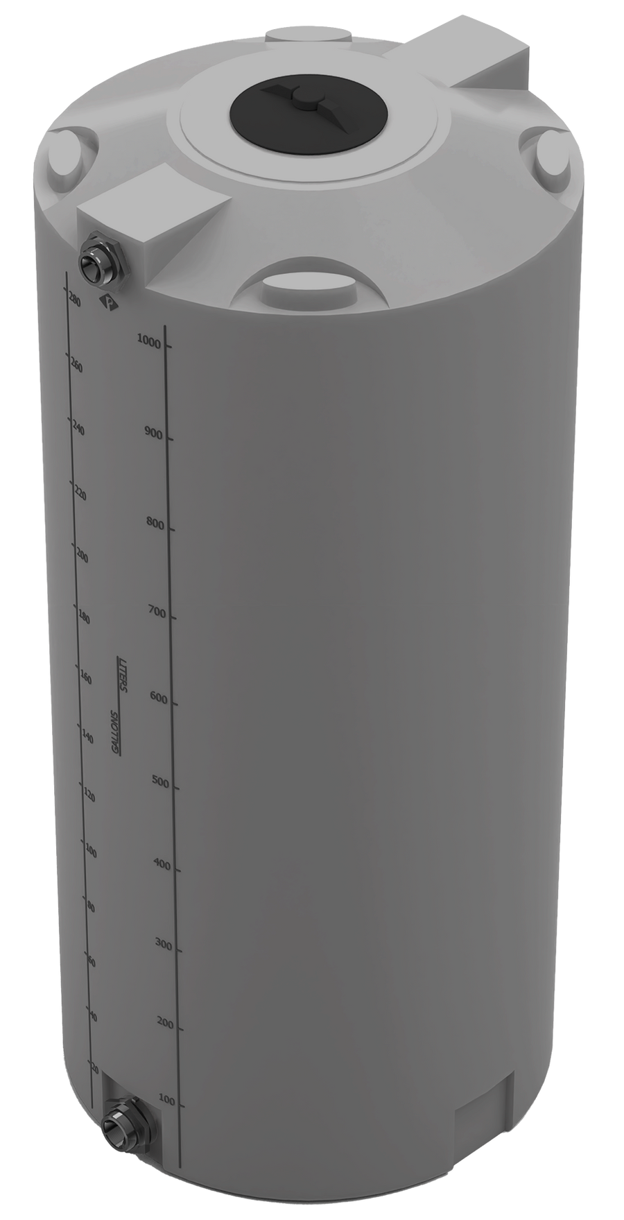 300 GAL PROCHEM® POTABLE WATER TANK W/BULKHEAD FITTINGS - LPE 1.0 FDA - DK GRAY  - DIA 35" x HGT 78" - LID 8" - BH FITTING T 1.5” / B 2” 