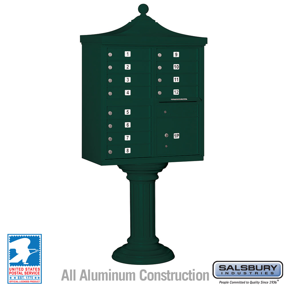 Regency Decorative Cluster Box Unit with 12 Doors and 1 Parcel Locker in Green with USPS Access – Type II 