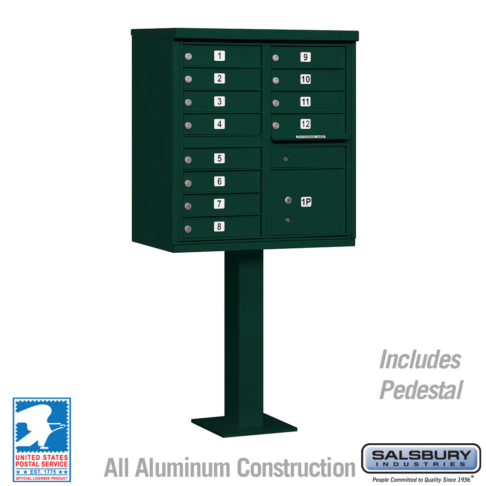 Cluster Box Unit with 12 Doors and 1 Parcel Locker in Green with USPS Access – Type II 