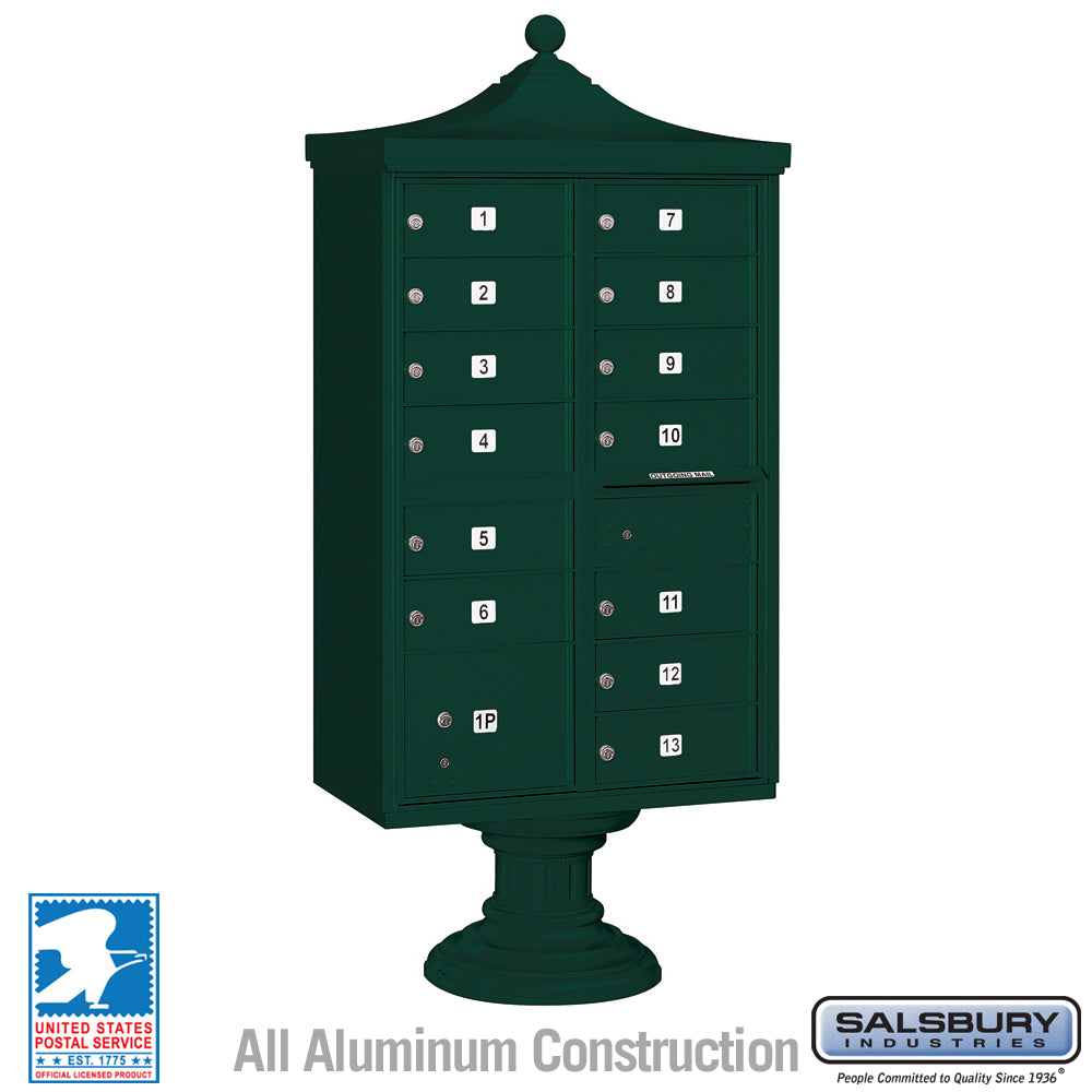 Regency Decorative Cluster Box Unit with 13 Doors and 1 Parcel Locker in Green with USPS Access – Type IV 