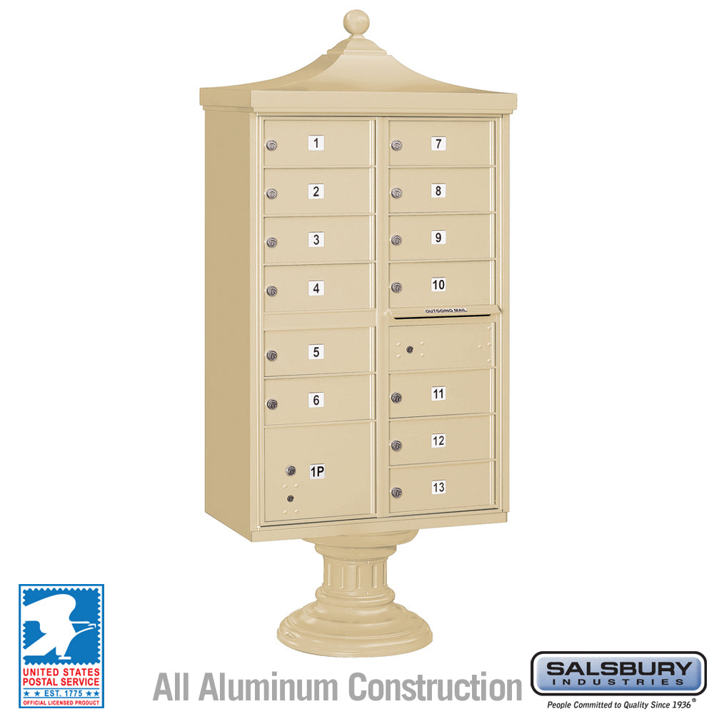 Regency Decorative Cluster Box Unit with 13 Doors and 1 Parcel Locker in Sandstone with USPS Access – Type IV 