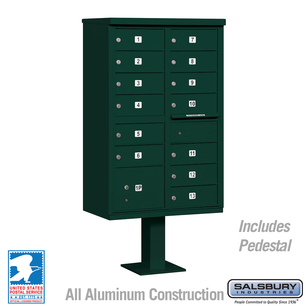 Cluster Box Unit with 13 Doors and 1 Parcel Locker in Green with USPS Access – Type IV 