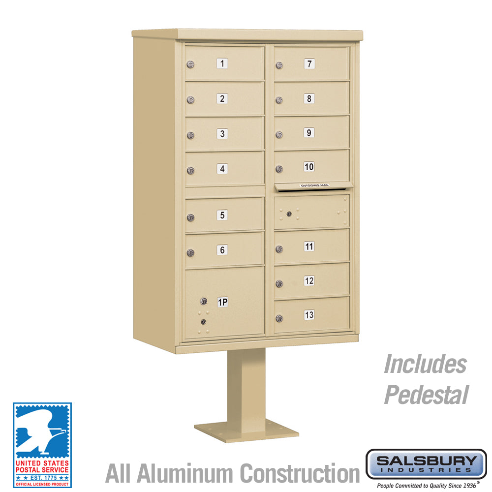 Cluster Box Unit with 13 Doors and 1 Parcel Locker in Sandstone with USPS Access – Type IV 