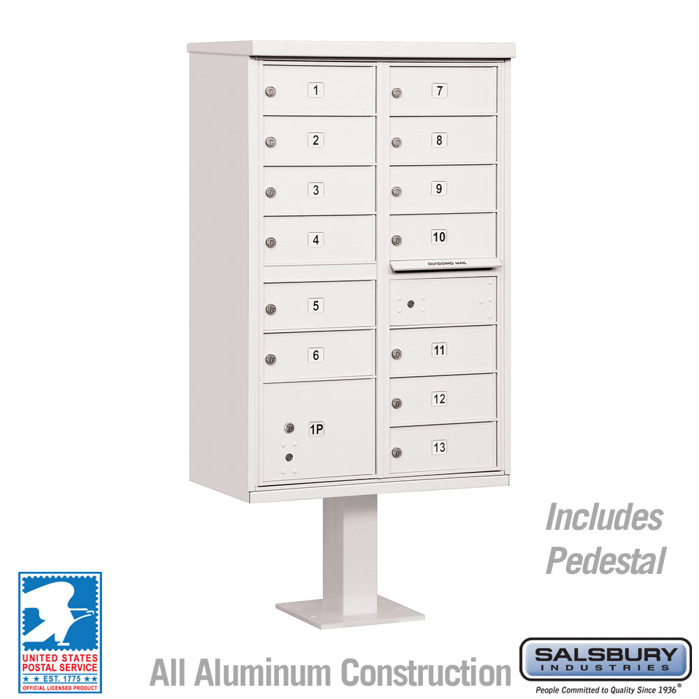 Cluster Box Unit with 13 Doors and 1 Parcel Locker in White with USPS Access – Type IV 