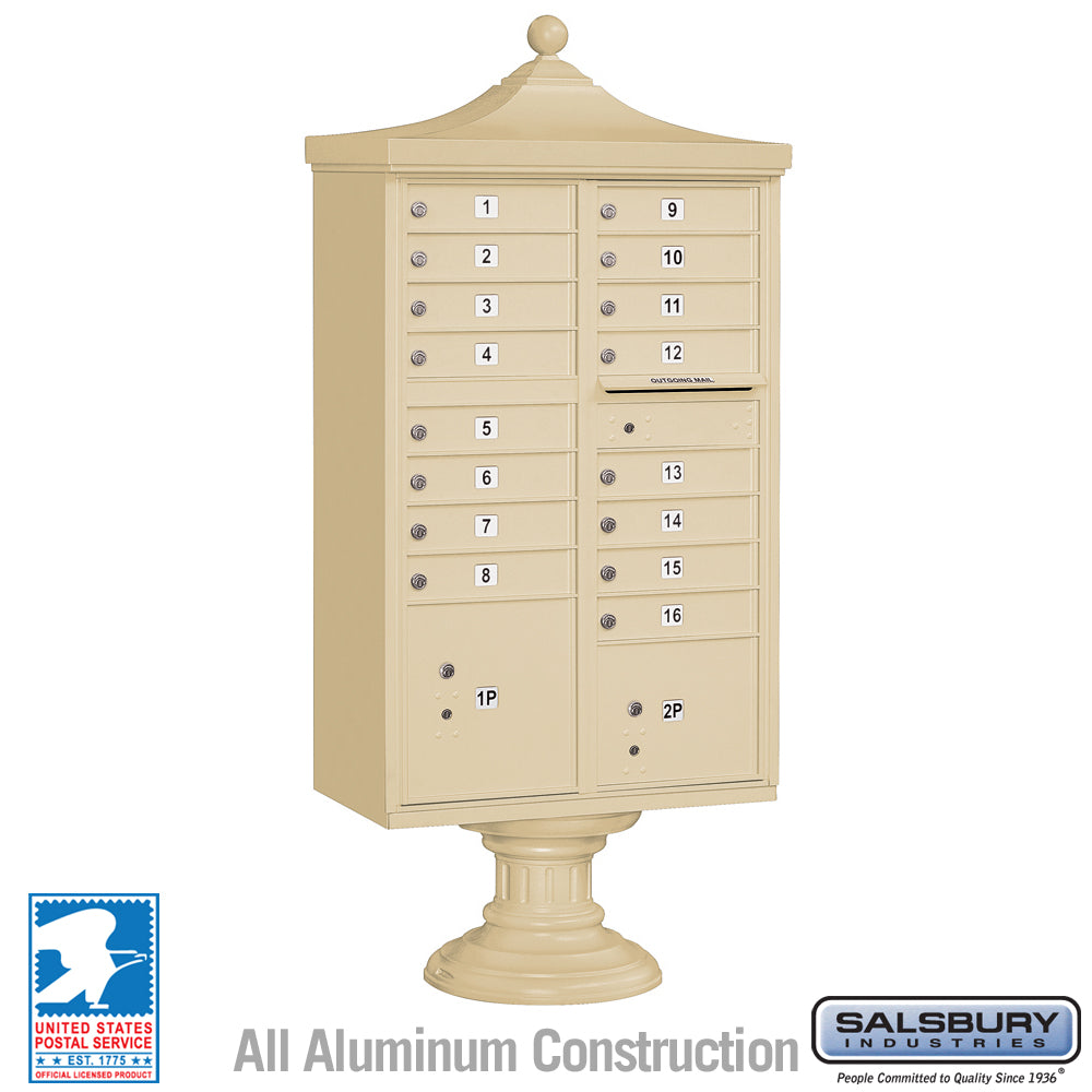 Regency Decorative Cluster Box Unit with 16 Doors and 2 Parcel Lockers in Sandstone with USPS Access – Type III 