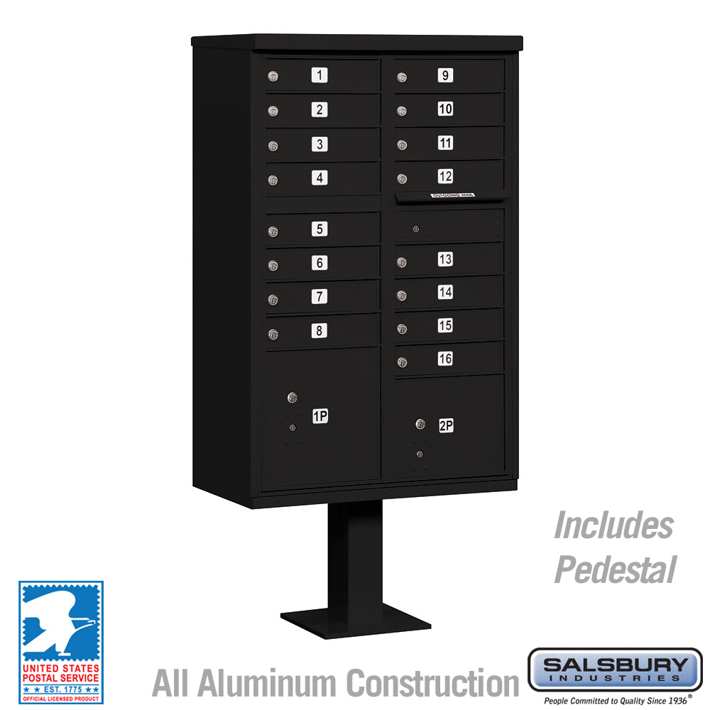 Cluster Box Unit with 16 Doors and 2 Parcel Lockers in Black with USPS Access – Type III 