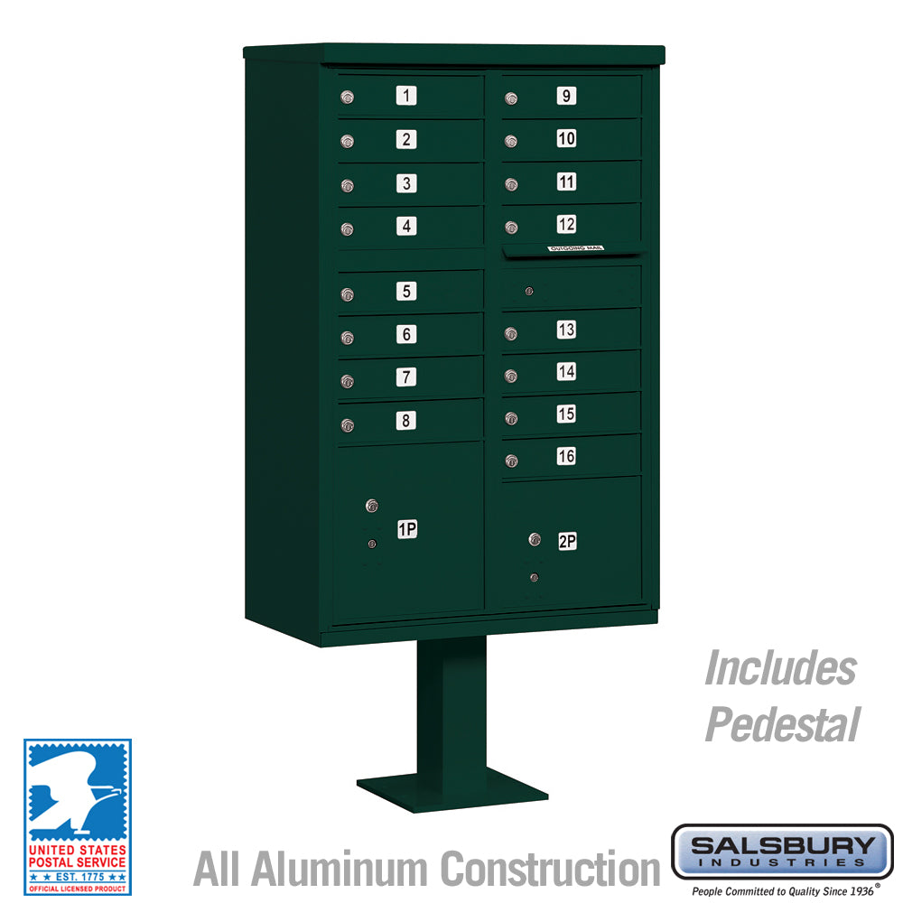 Cluster Box Unit with 16 Doors and 2 Parcel Lockers in Green with USPS Access – Type III 